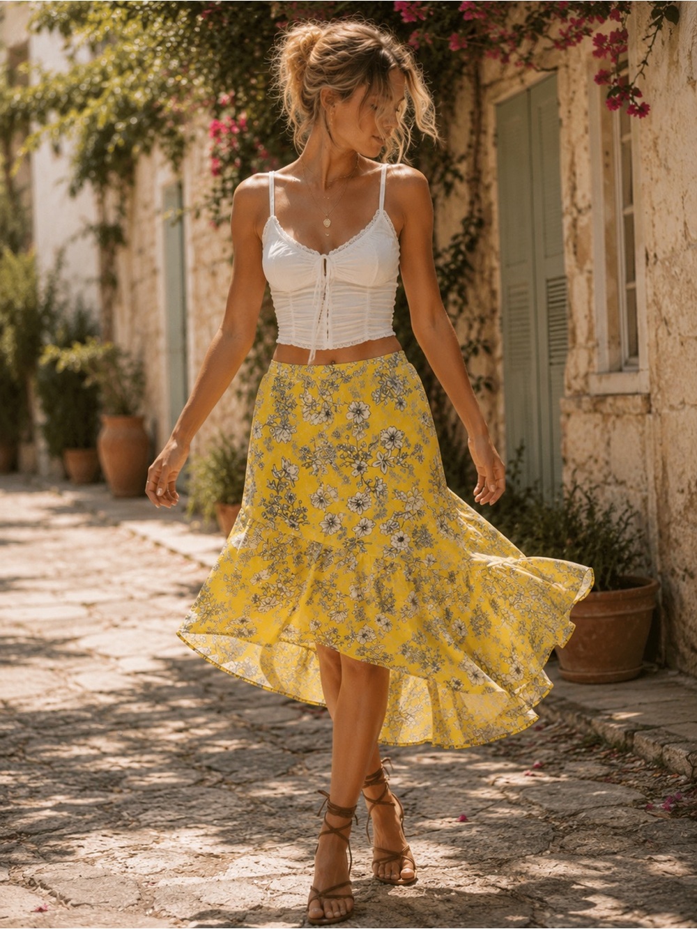 Gianni Bini NWT Yellow Floral Asymmetrical Midi Skirt XS